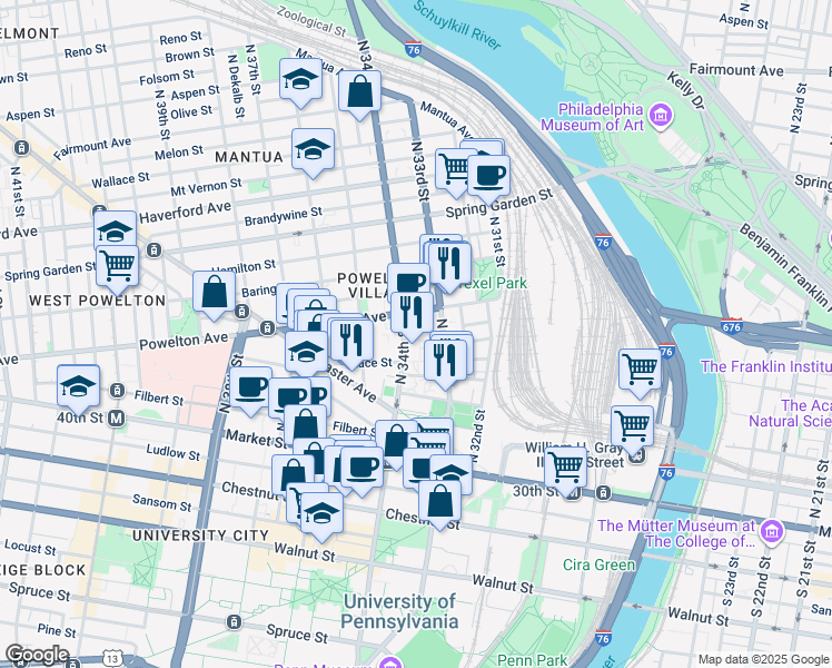 map of restaurants, bars, coffee shops, grocery stores, and more near in Philadelphia