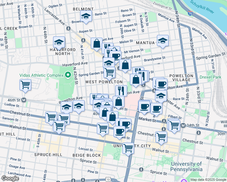 map of restaurants, bars, coffee shops, grocery stores, and more near 330 North Sloan Street in Philadelphia