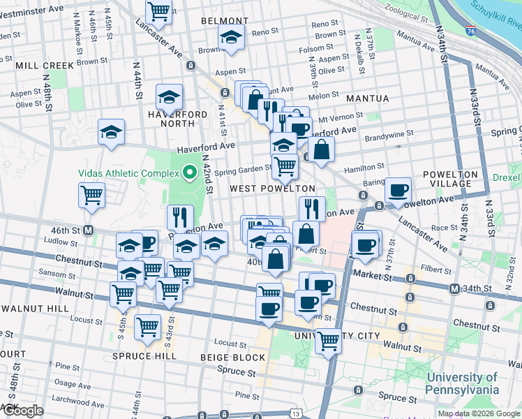 map of restaurants, bars, coffee shops, grocery stores, and more near 4036 Baring Street in Philadelphia