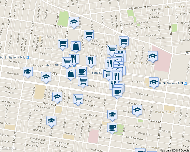 map of restaurants, bars, coffee shops, grocery stores, and more near 20 South Yewdall Street in Philadelphia