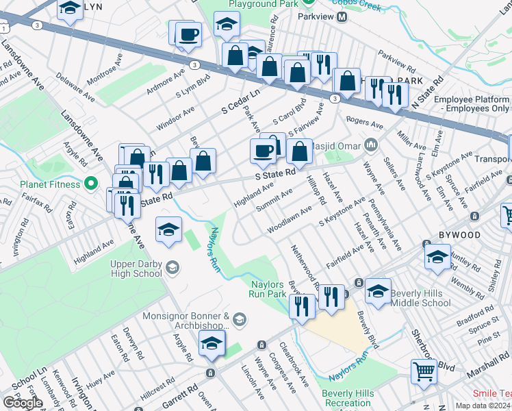 map of restaurants, bars, coffee shops, grocery stores, and more near 136 Summit Avenue in Delaware County