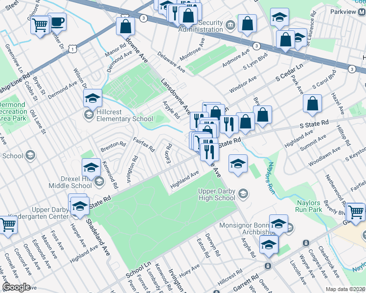 map of restaurants, bars, coffee shops, grocery stores, and more near 430 North Lansdowne Avenue in Drexel Hill