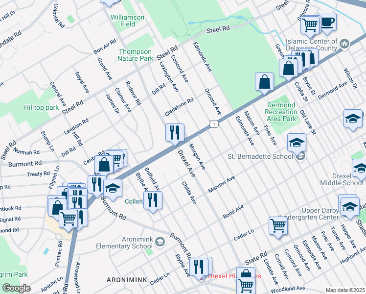 map of restaurants, bars, coffee shops, grocery stores, and more near 2 North Morgan Avenue in Havertown