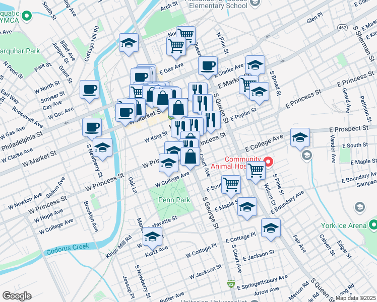 map of restaurants, bars, coffee shops, grocery stores, and more near in York