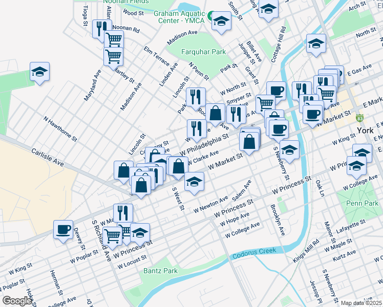 map of restaurants, bars, coffee shops, grocery stores, and more near 513 West Philadelphia Street in York