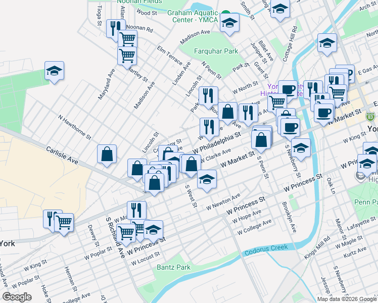 map of restaurants, bars, coffee shops, grocery stores, and more near 126 Manchester Street in York