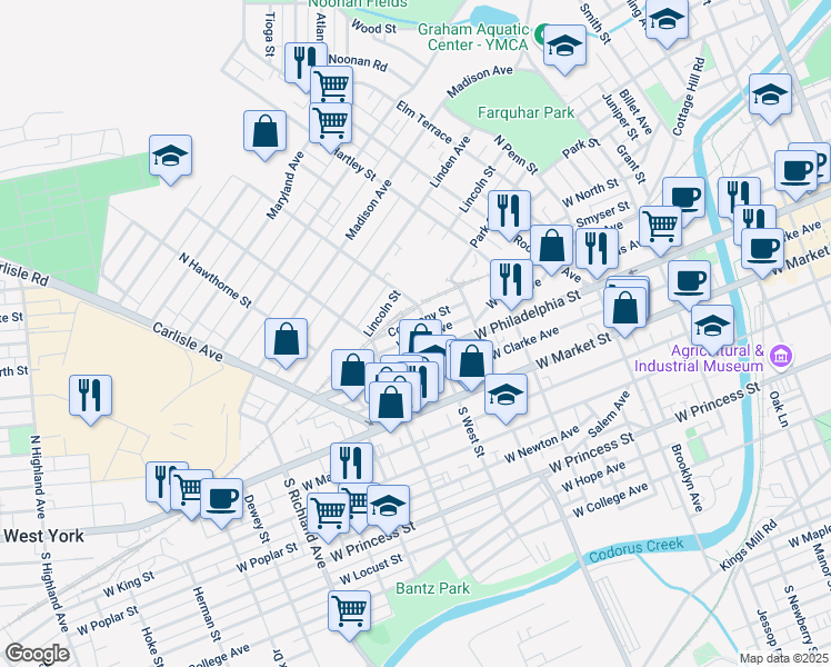 map of restaurants, bars, coffee shops, grocery stores, and more near 600 Company Street in York