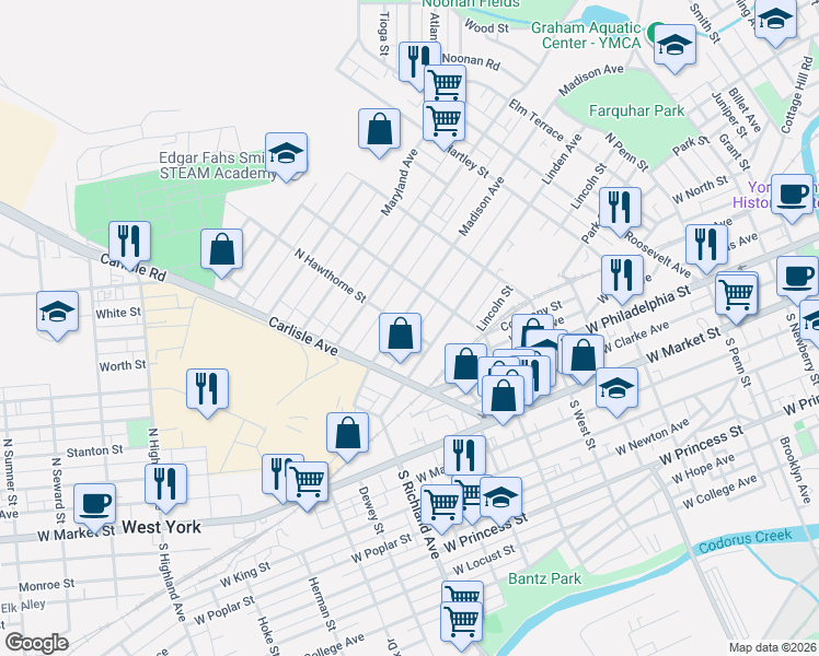 map of restaurants, bars, coffee shops, grocery stores, and more near 726 Madison Avenue in York