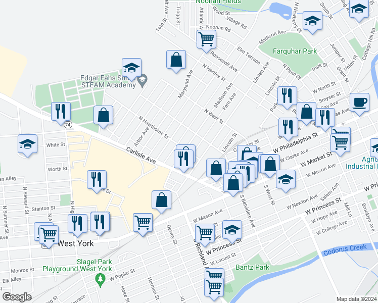 map of restaurants, bars, coffee shops, grocery stores, and more near 726 Madison Avenue in York