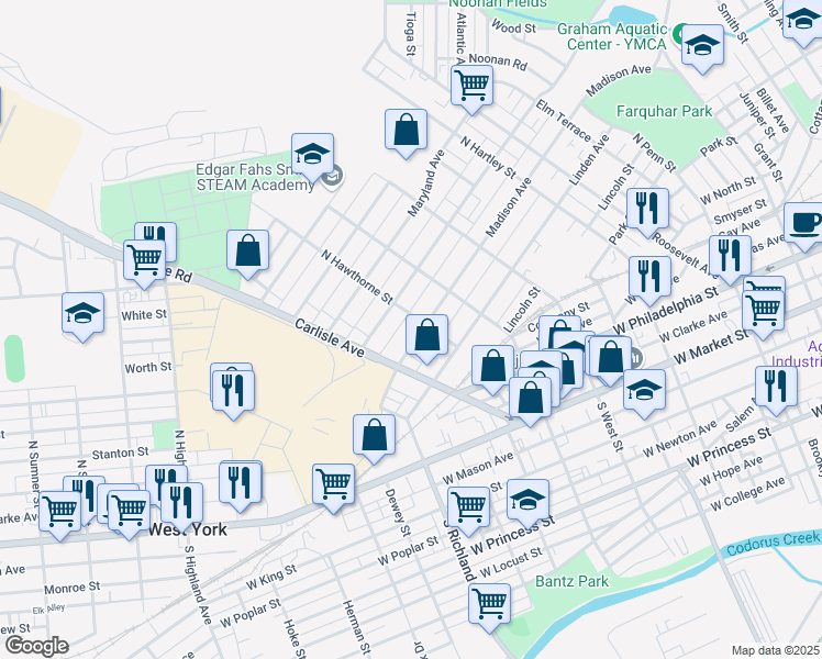 map of restaurants, bars, coffee shops, grocery stores, and more near 422 North Hawthorne Street in York
