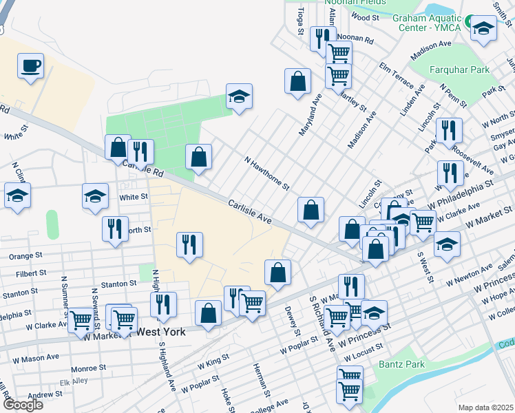 map of restaurants, bars, coffee shops, grocery stores, and more near 839 Maryland Avenue in York