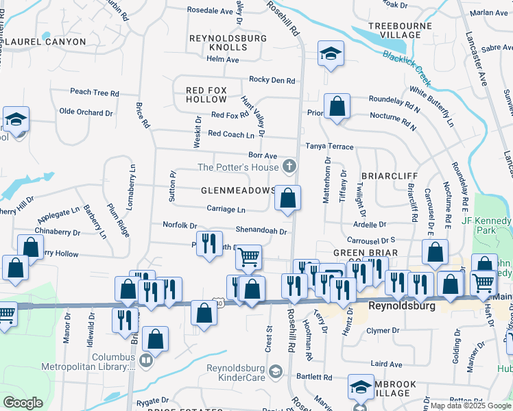 map of restaurants, bars, coffee shops, grocery stores, and more near 6629 Balsam Drive in Reynoldsburg