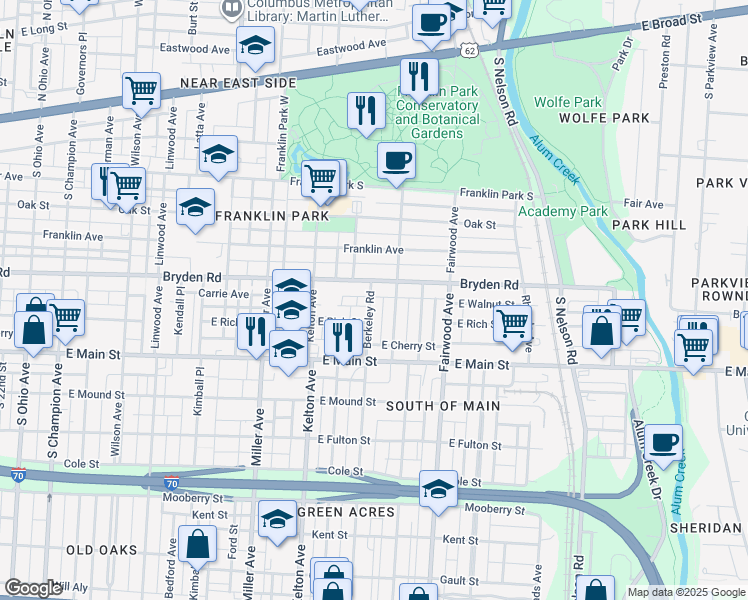 map of restaurants, bars, coffee shops, grocery stores, and more near 1639 Bryden Road in Columbus