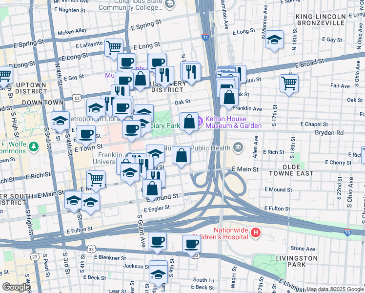 map of restaurants, bars, coffee shops, grocery stores, and more near 525 East Town Street in Columbus