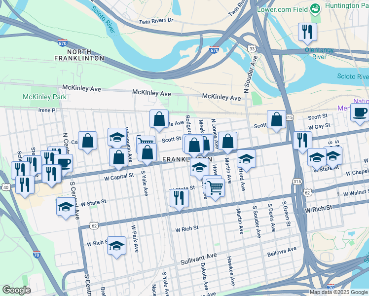 map of restaurants, bars, coffee shops, grocery stores, and more near 47 Rodgers Avenue in Columbus