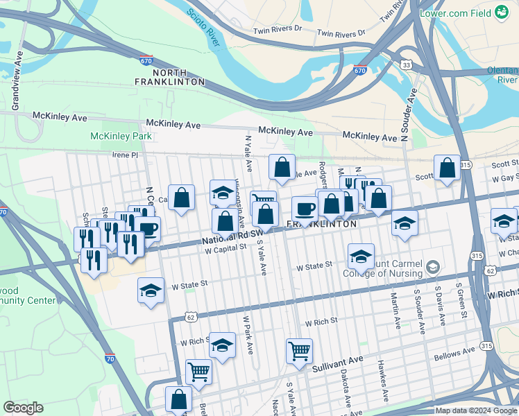 map of restaurants, bars, coffee shops, grocery stores, and more near 73 North Yale Avenue in Columbus