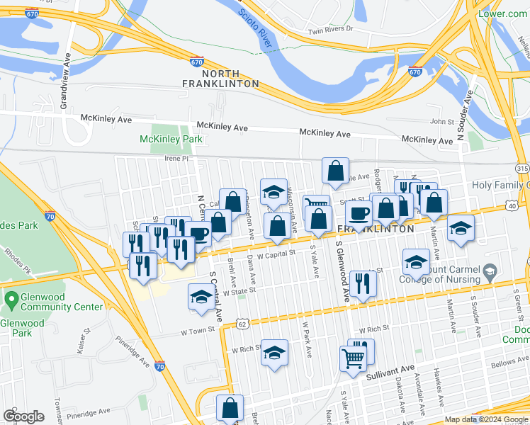 map of restaurants, bars, coffee shops, grocery stores, and more near 90 North Princeton Avenue in Columbus