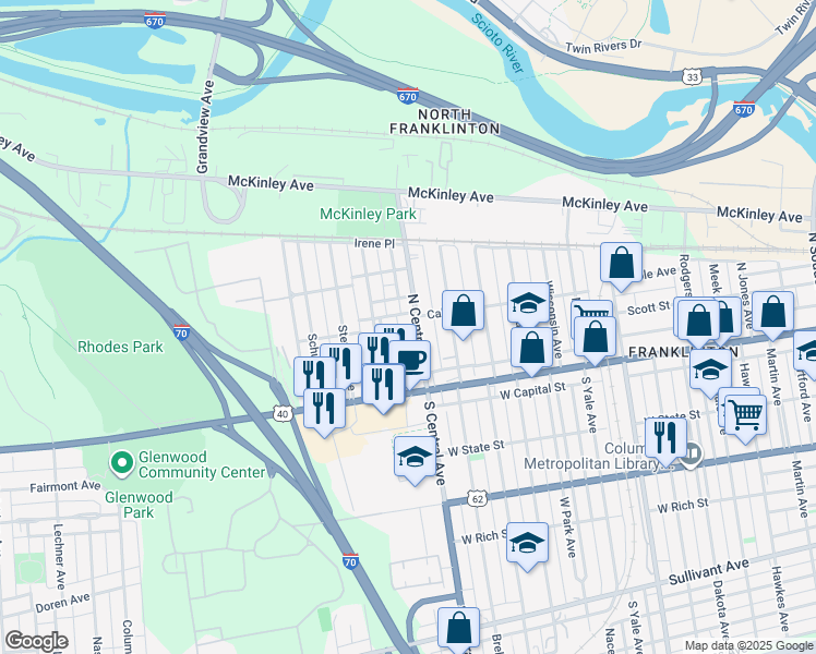 map of restaurants, bars, coffee shops, grocery stores, and more near 108 North Central Avenue in Columbus