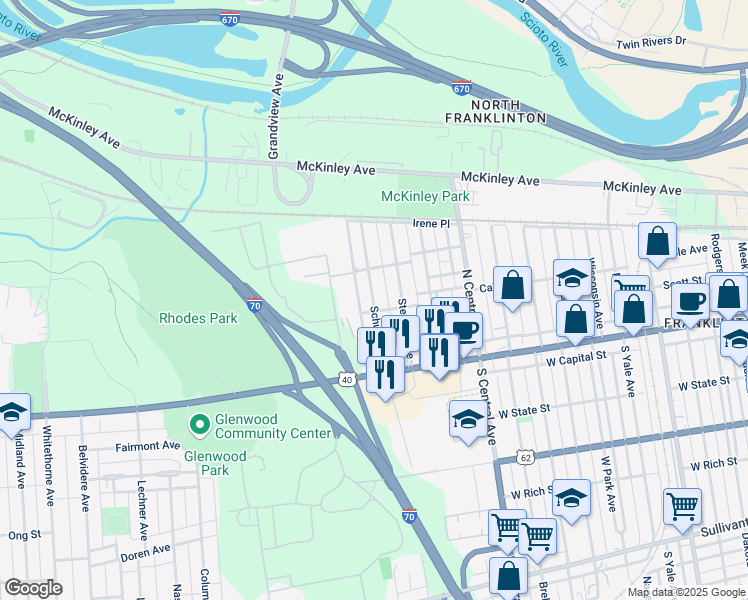 map of restaurants, bars, coffee shops, grocery stores, and more near 133 Schultz Avenue in Columbus