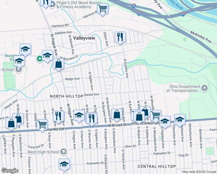 map of restaurants, bars, coffee shops, grocery stores, and more near 2520 Sutton Avenue in Columbus