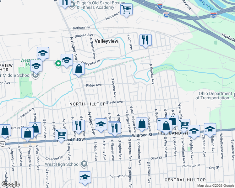 map of restaurants, bars, coffee shops, grocery stores, and more near 233 North Ogden Avenue in Columbus