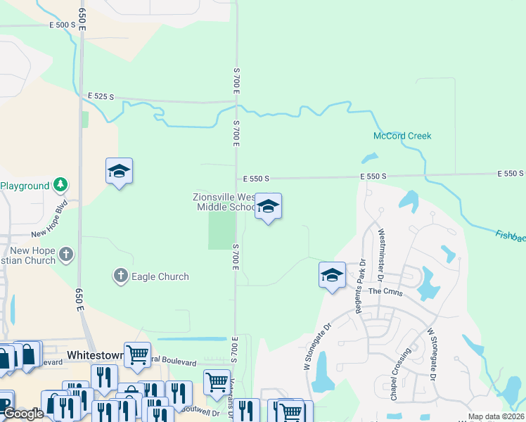 map of restaurants, bars, coffee shops, grocery stores, and more near 5565 South 700 East in Whitestown