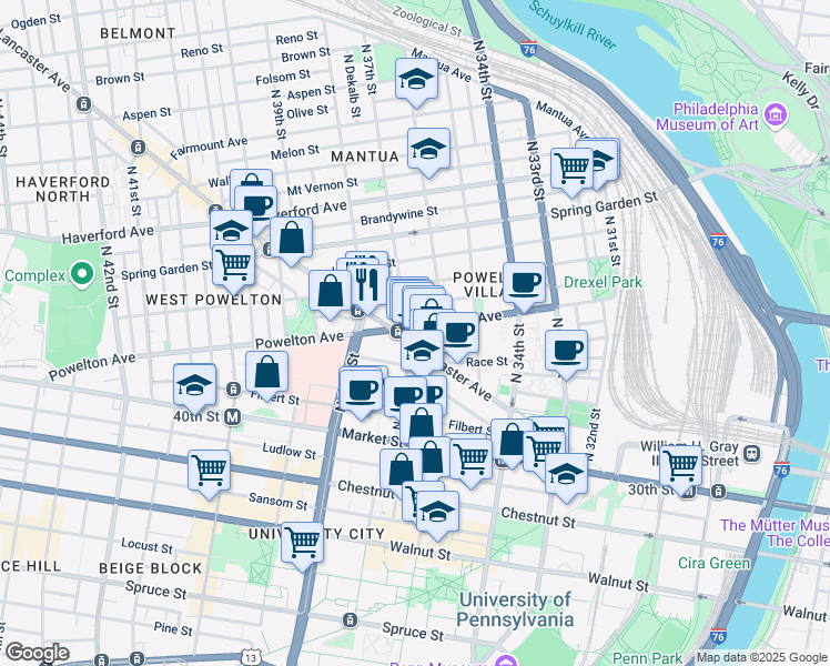 map of restaurants, bars, coffee shops, grocery stores, and more near 3628 Powelton Avenue in Philadelphia