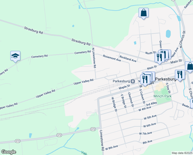 map of restaurants, bars, coffee shops, grocery stores, and more near 765 Main Street in Parkesburg
