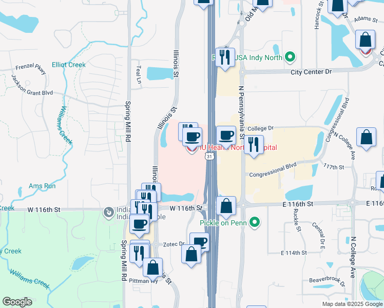 map of restaurants, bars, coffee shops, grocery stores, and more near 11700 North Meridian Street in Carmel