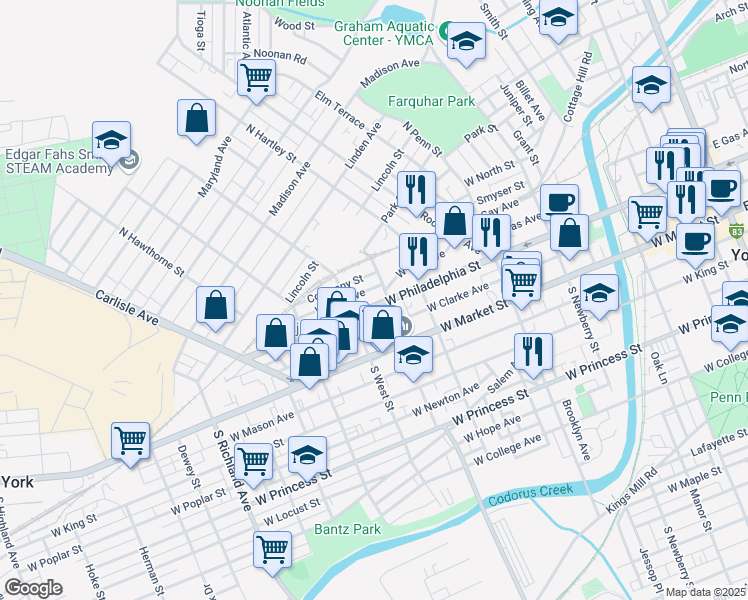 map of restaurants, bars, coffee shops, grocery stores, and more near 565 West Philadelphia Street in York