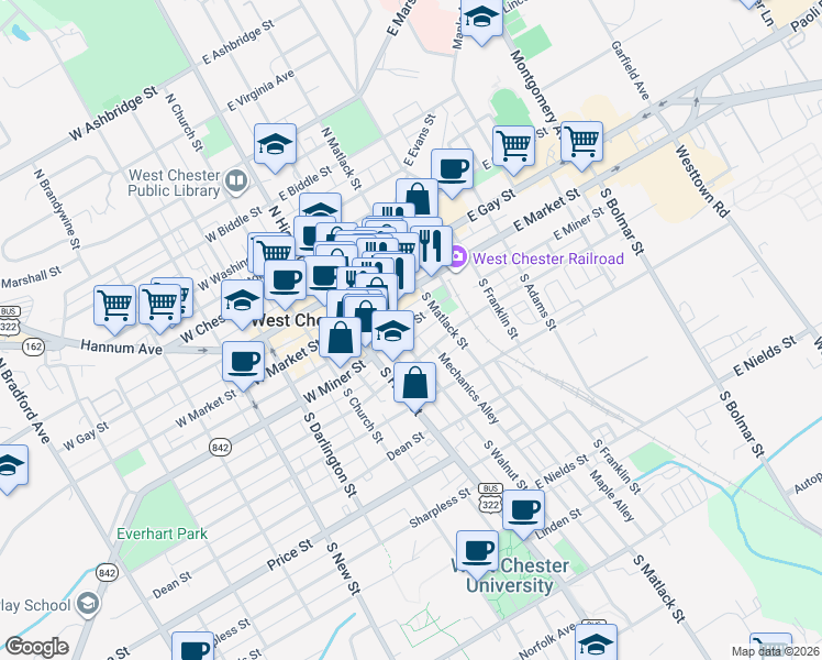 map of restaurants, bars, coffee shops, grocery stores, and more near 110 East Miner Street in West Chester