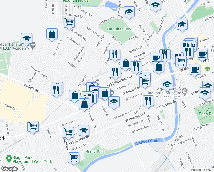 map of restaurants, bars, coffee shops, grocery stores, and more near 541 West Philadelphia Street in York