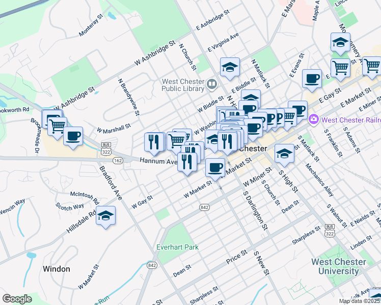 map of restaurants, bars, coffee shops, grocery stores, and more near 321 West Chestnut Street in West Chester