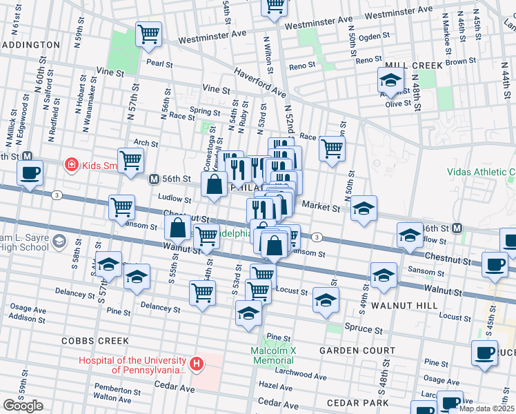 map of restaurants, bars, coffee shops, grocery stores, and more near 5225 Ludlow St in Philadelphia