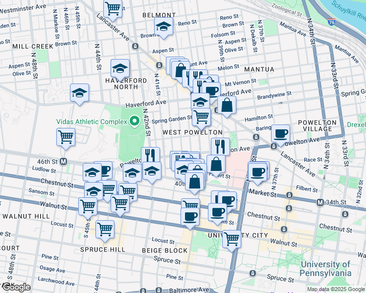 map of restaurants, bars, coffee shops, grocery stores, and more near 319 North Preston Street in Philadelphia