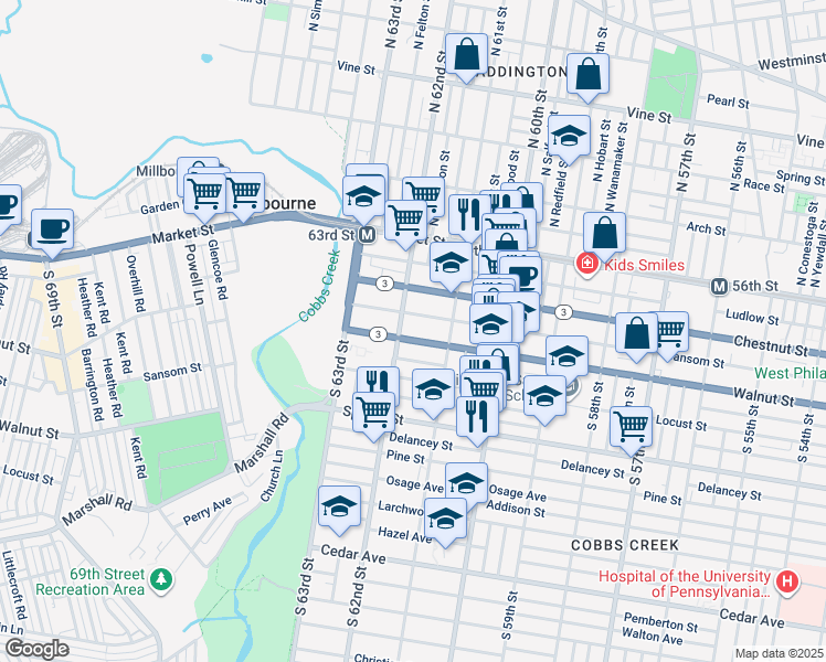 map of restaurants, bars, coffee shops, grocery stores, and more near 6149 Walnut Street in Philadelphia