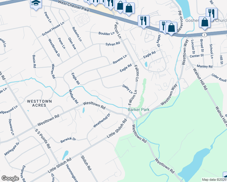 map of restaurants, bars, coffee shops, grocery stores, and more near 805 Daisy Lane in West Chester