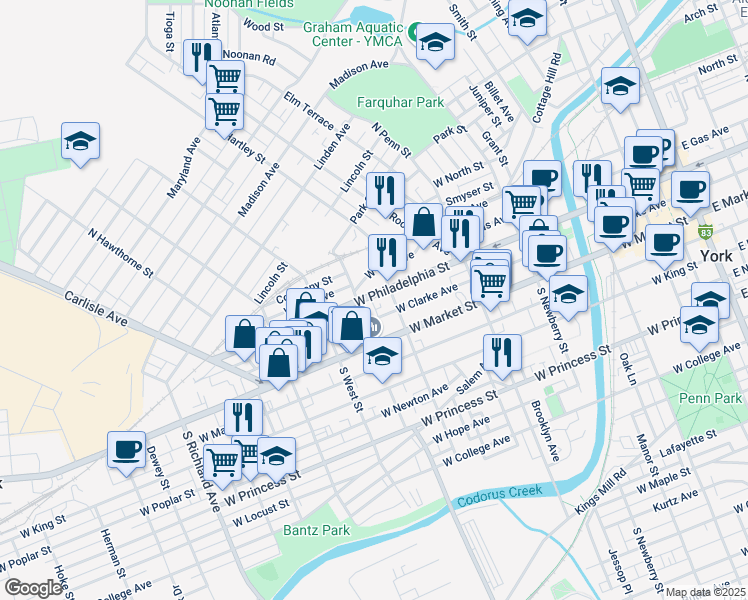 map of restaurants, bars, coffee shops, grocery stores, and more near 524 West Philadelphia Street in York