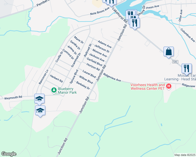 map of restaurants, bars, coffee shops, grocery stores, and more near 1004 Junction Road in Browns Mills