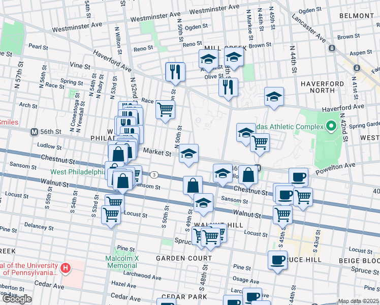 map of restaurants, bars, coffee shops, grocery stores, and more near 4913 Market Street in Philadelphia