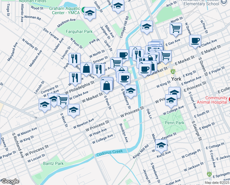 map of restaurants, bars, coffee shops, grocery stores, and more near 334 West Market Street in York