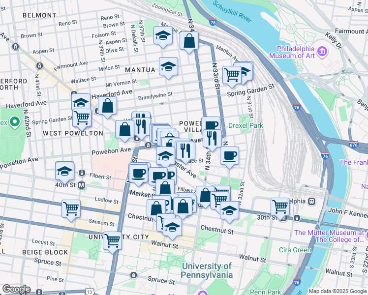 map of restaurants, bars, coffee shops, grocery stores, and more near in Philadelphia