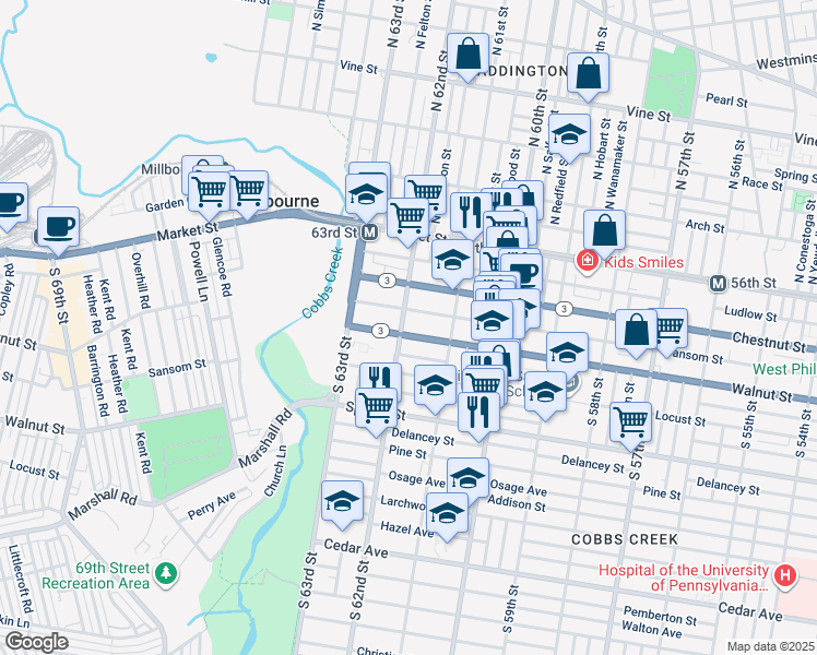 map of restaurants, bars, coffee shops, grocery stores, and more near 6159 Walnut Street in Philadelphia