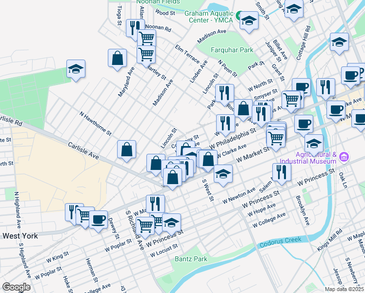 map of restaurants, bars, coffee shops, grocery stores, and more near 600 Company Street in York