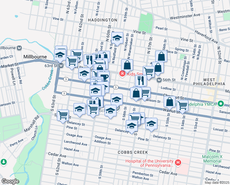map of restaurants, bars, coffee shops, grocery stores, and more near 111 South 59th Street in Philadelphia