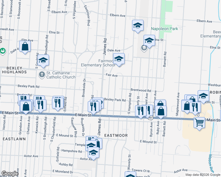 map of restaurants, bars, coffee shops, grocery stores, and more near 561 South Ashburton Road in Columbus