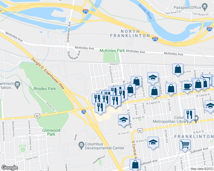 map of restaurants, bars, coffee shops, grocery stores, and more near 126 Stevens Avenue in Columbus