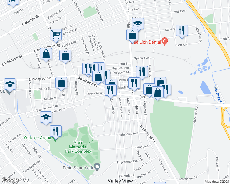 map of restaurants, bars, coffee shops, grocery stores, and more near 1137 Mount Rose Avenue in York