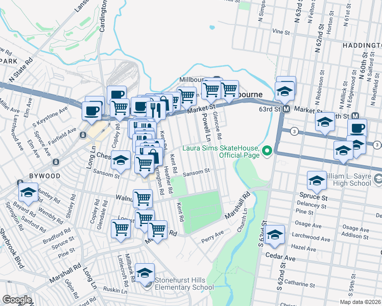 map of restaurants, bars, coffee shops, grocery stores, and more near 6708 Chestnut Street in Delaware County