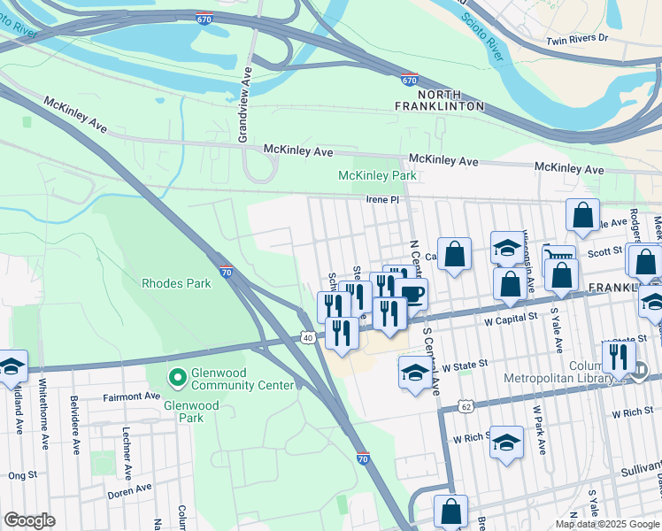 map of restaurants, bars, coffee shops, grocery stores, and more near 133 Schultz Avenue in Columbus